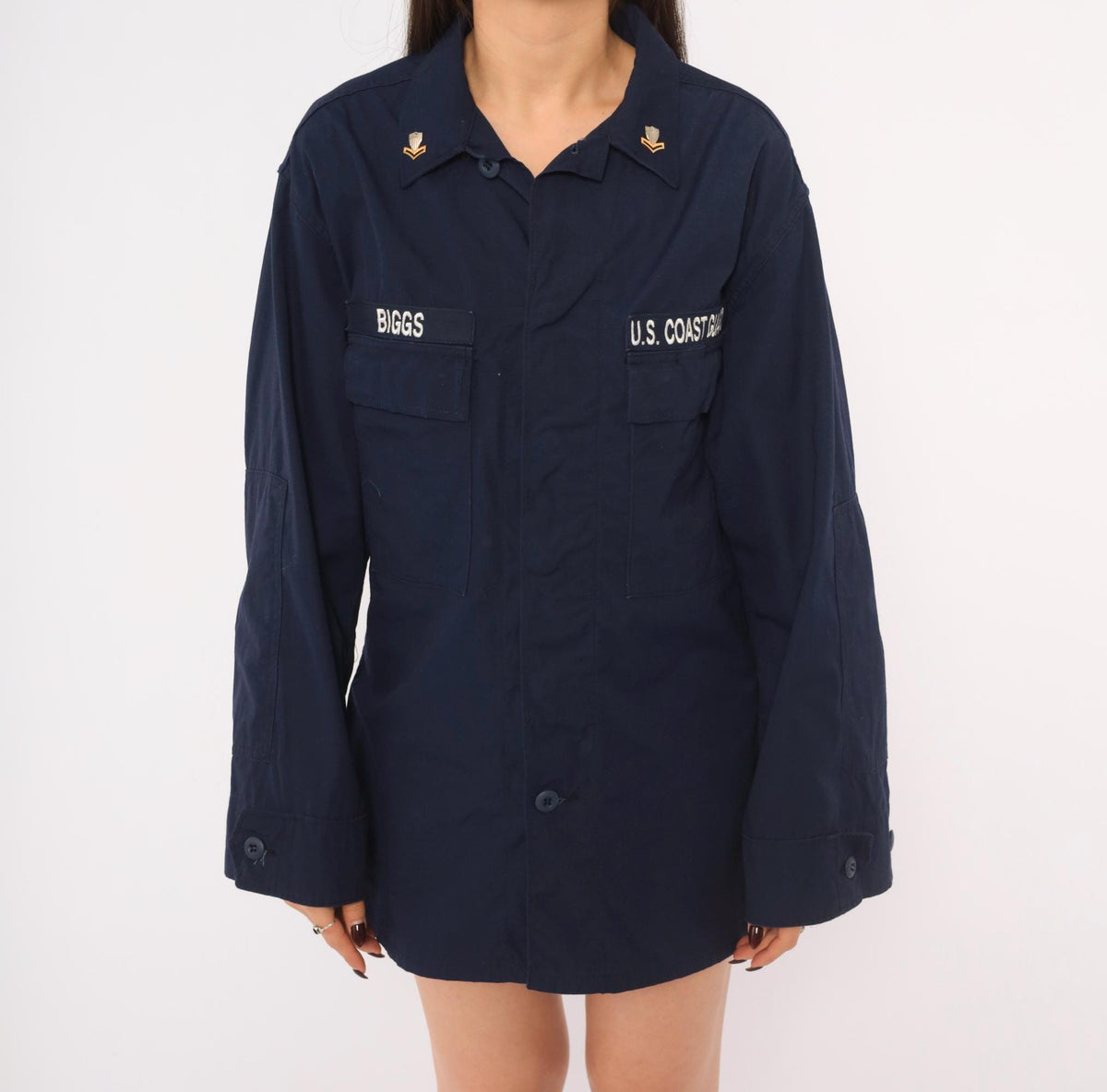 90s US Coast Guard Navy Jacket Military Utility Shirt Button Front Medium