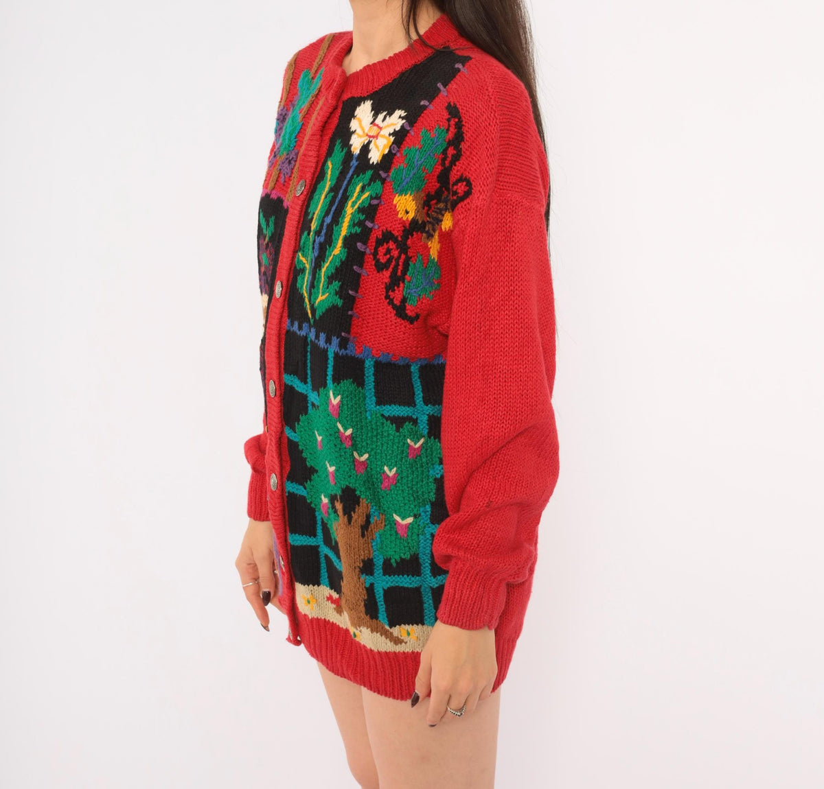 90s Hand Knit Cardigan Red Garden Scene Intarsia Floral Button Front Medium