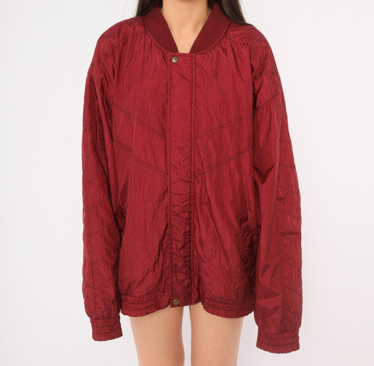 80s Burgundy Bomber Jacket Nylon Windbreaker Snap Collar Lined Large L