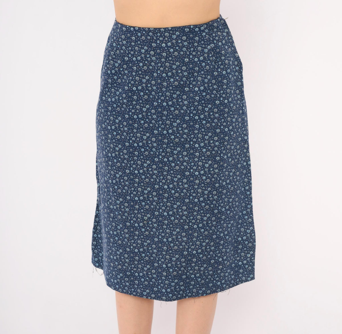 60s Navy Ditsy Floral Calico Cotton A-Line Skirt High Waist Extra Small