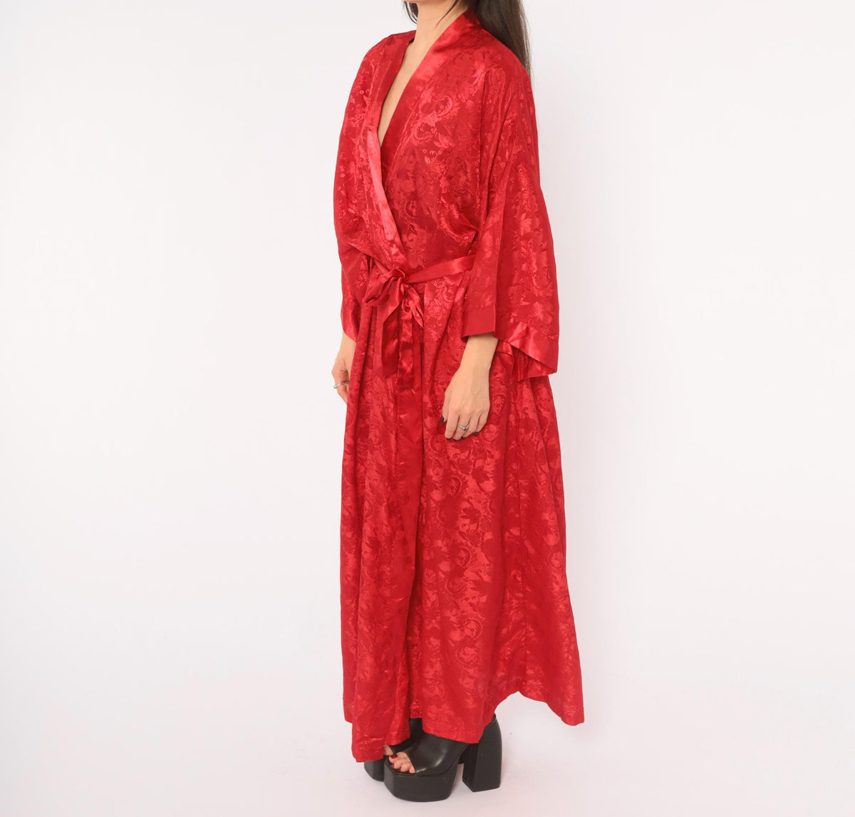 90s Contessa Di Roma Red Satin Robe Floral Jacquard Maxi Wrap Plus Size XXL