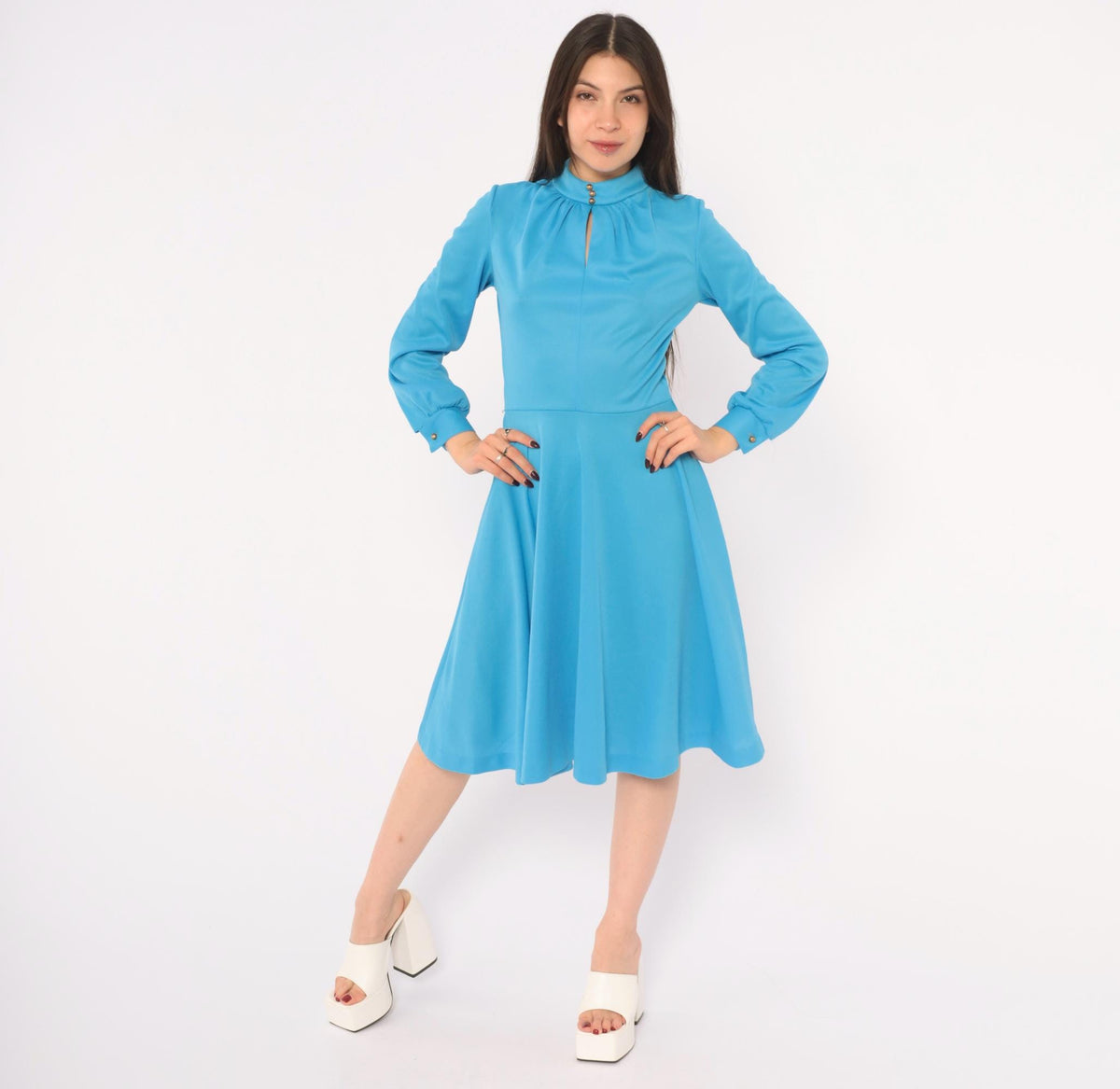70s Sky Blue A-Line Dress Long Sleeve Keyhole Gold Buttons Small S