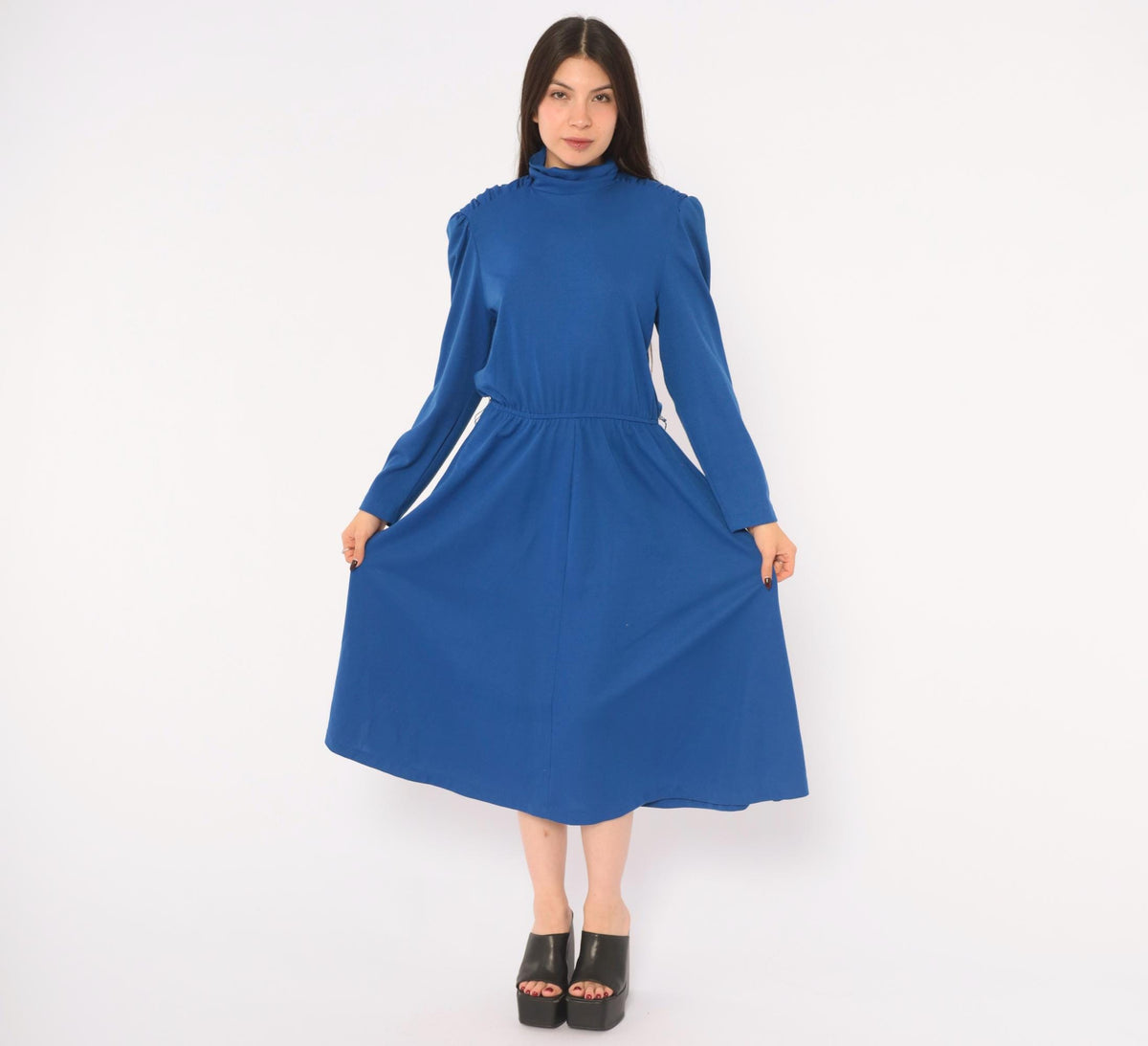 80s Cobalt Midi Dress Puff Shoulder Mock Neck A-Line Pockets Royal Blue Medium M