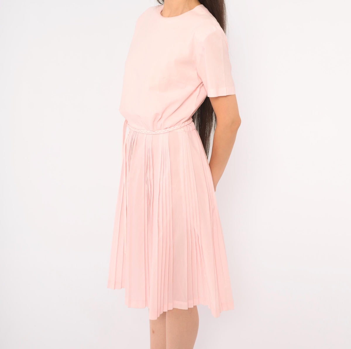 60s Blush Pink Pleated Day Dress Blouson Dropped Waist Crew Neck Small S