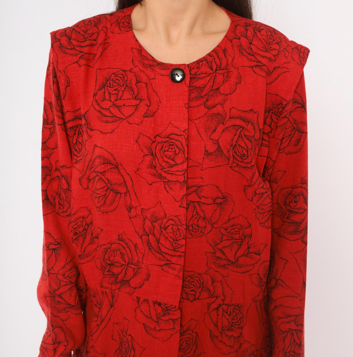 80s Red Rose Print Linen Dress Black Floral Ankle Length Button Front Medium