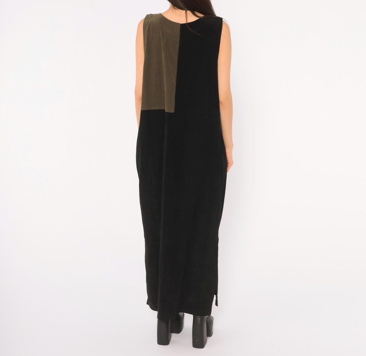 80s Jaclyn Smith Black Olive Color Block Maxi Dress Leaf Applique Extra Large XXL