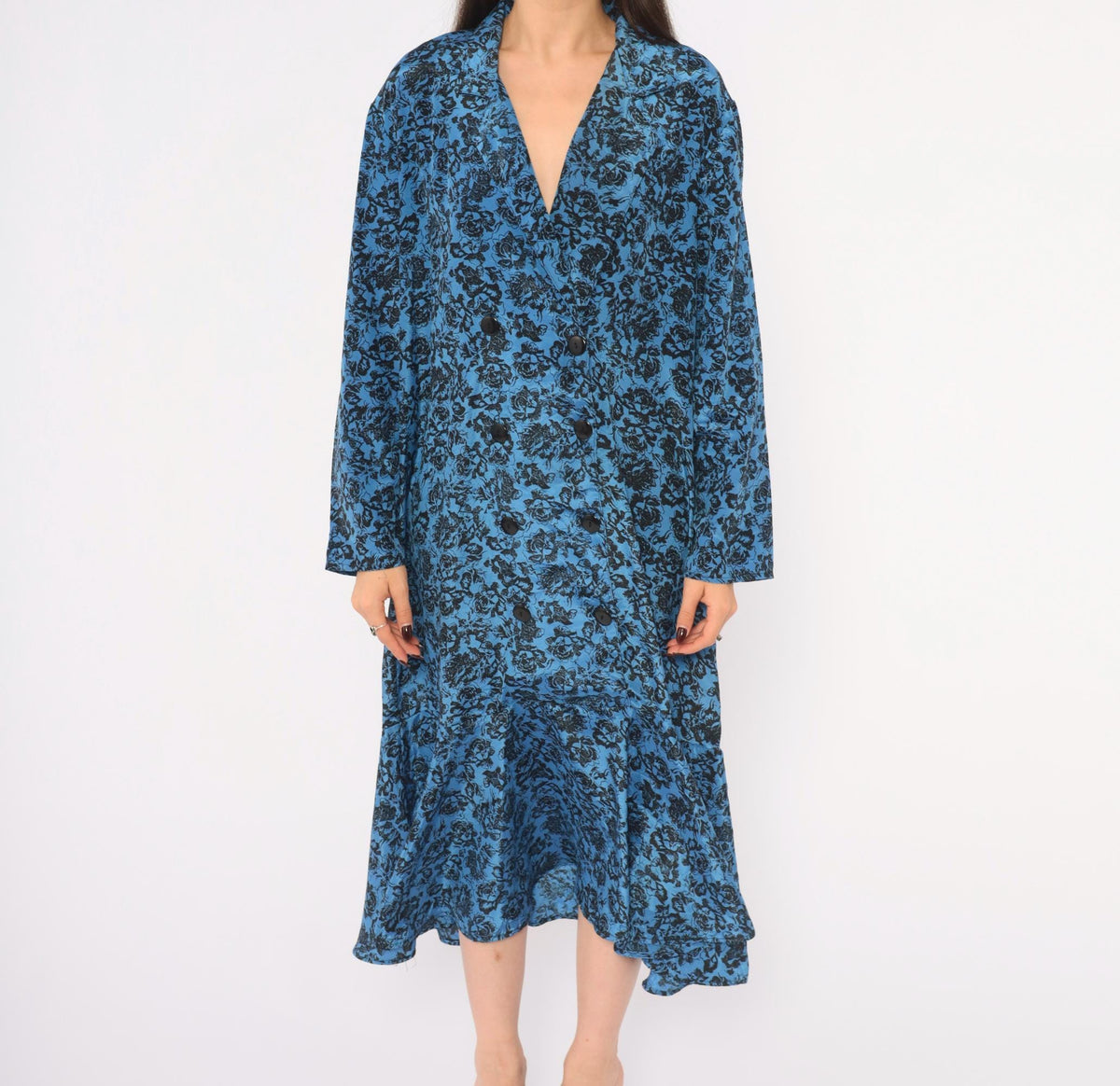 80s Très Paquette Blue Floral Midi Dress Double Breasted V Neck Extra Large