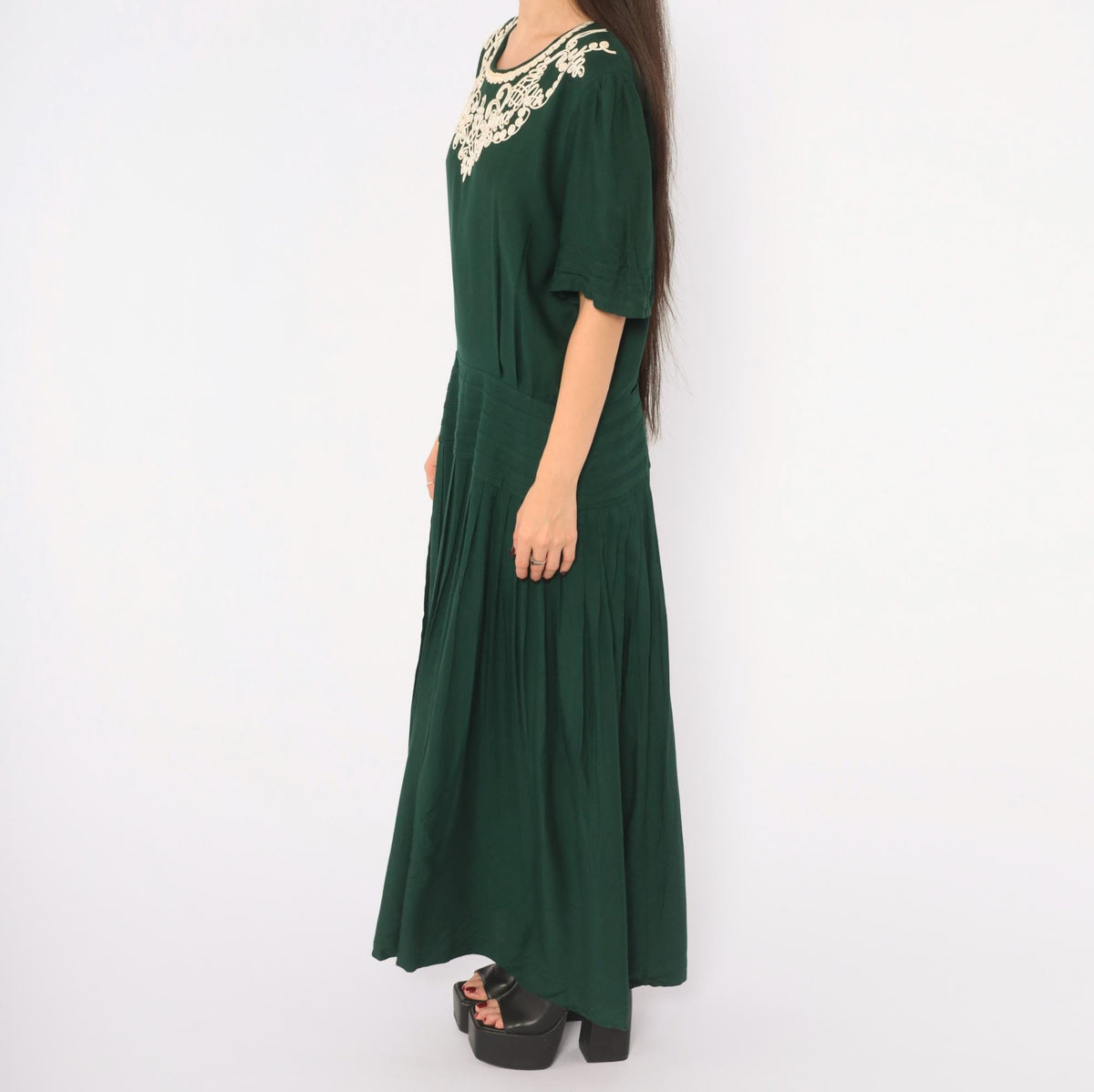 90s Plaza South Forest Green Maxi Dress Embroidered Floral Drop Waist Extra Large
