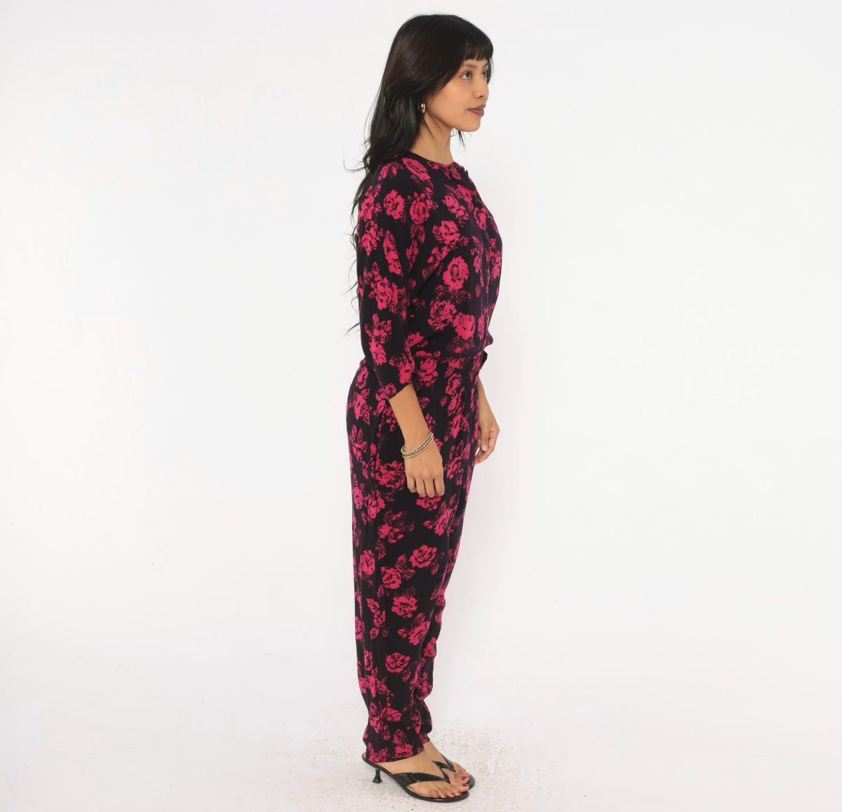 90s Joni Blair Floral Jumpsuit Black Pink Rose Button Front Dolman Medium