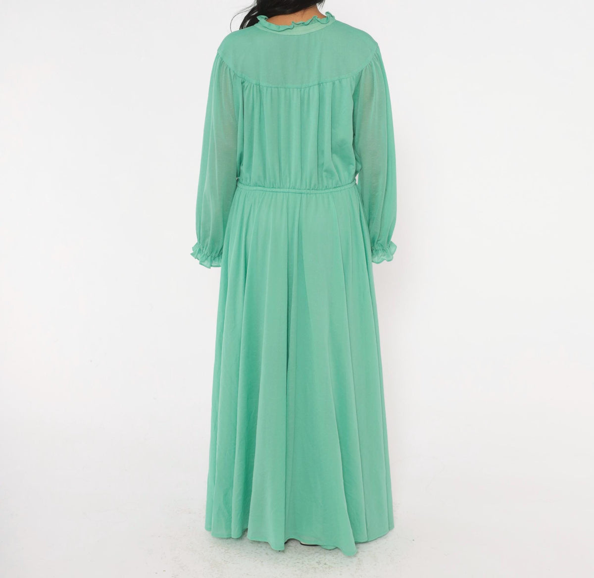70s Sea Green Maxi Dress Balloon Sleeve Keyhole A-Line Extra Large