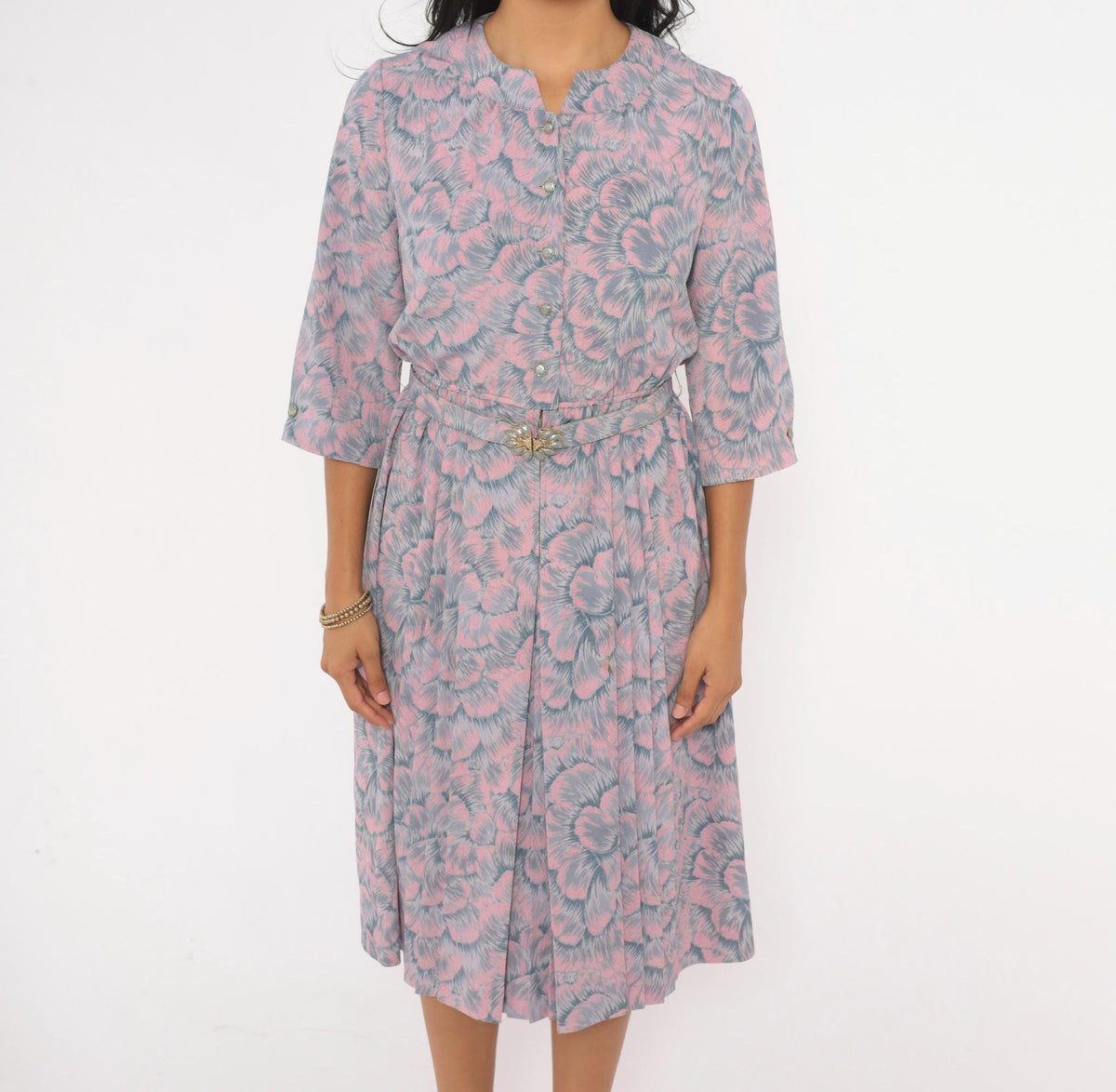 80s Silver Fashion Pink Grey Floral Blouson Dress Button Front Pleated Small S