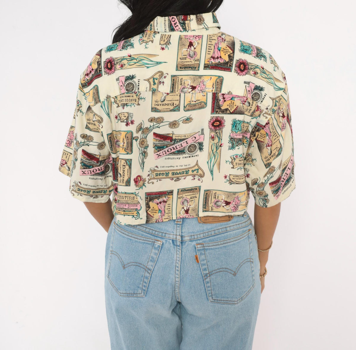 90s Jaspe Crop Top Beige Floral Poster Print Button Front Blouse Medium