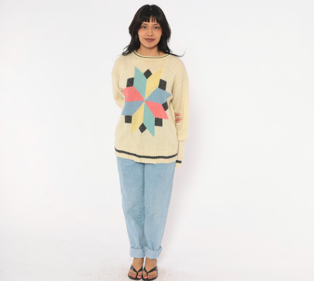 80s Cream Wool Sweater Geometric Star Pattern Knit Pink Blue Yellow Large L