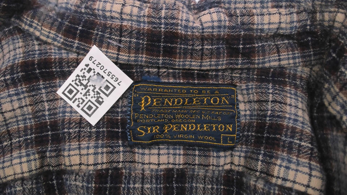 60s Sir Pendleton Wool Plaid Shirt Navy Brown Check Button Front Small