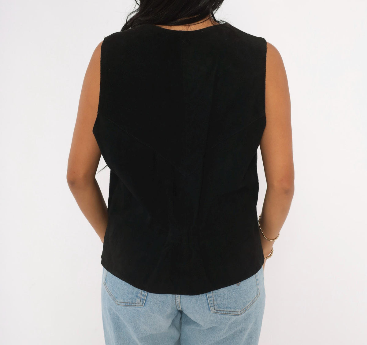 90s Black Suede Vest Deep V Snap Button Western Waistcoat Medium M