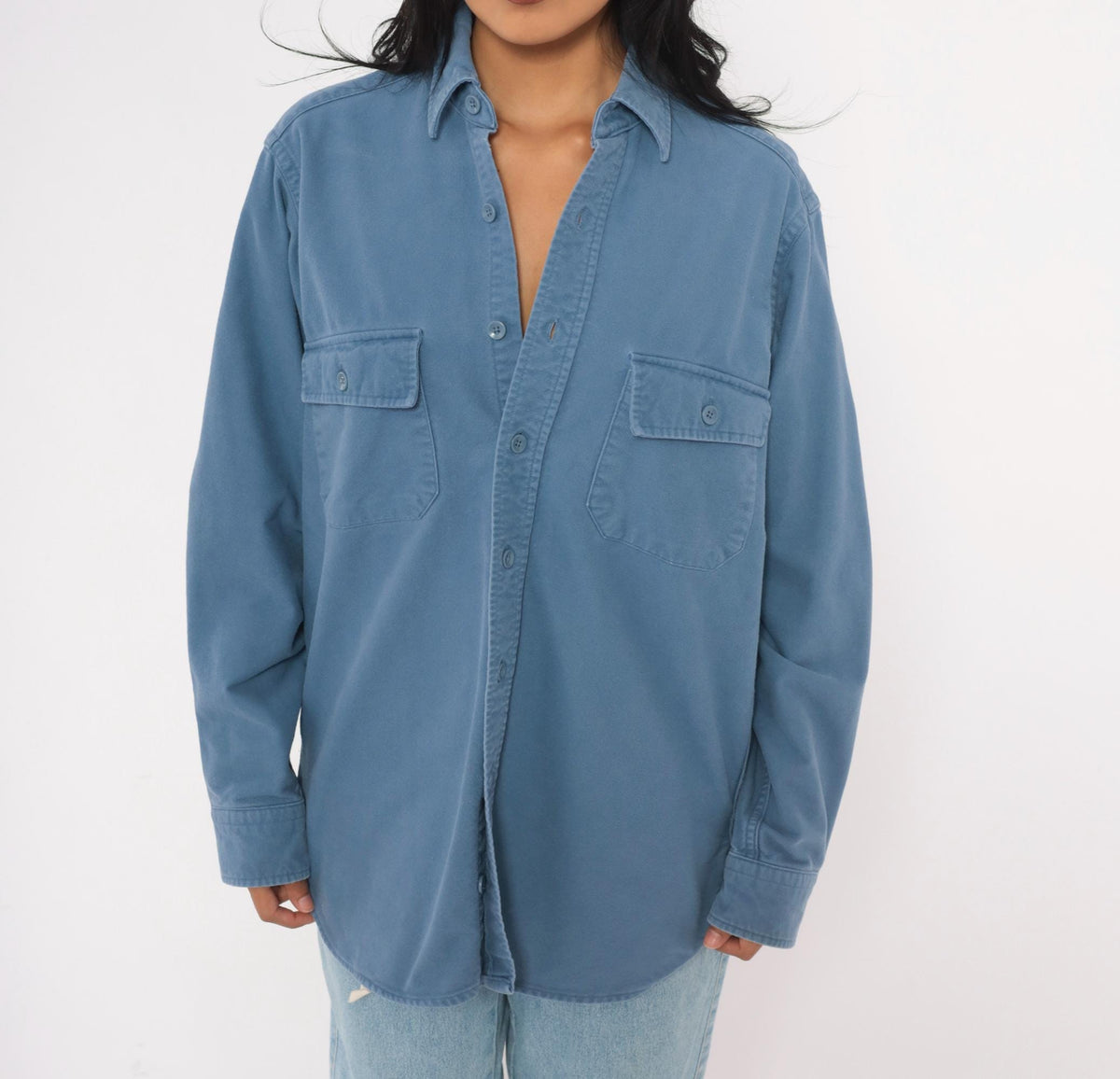 90s L.L.Bean Slate Blue Cotton Work Shirt Chest Pocket Collared Medium