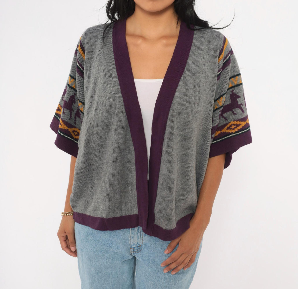 70s Southwestern Cardigan Gray Llama Alpaca Knit Kimono Sleeve Small Medium