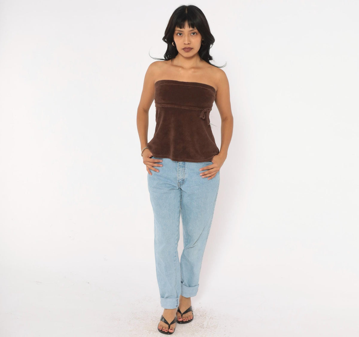 Y2K Brown Terry Tube Top Strapless Drawstring Tie Waist Small
