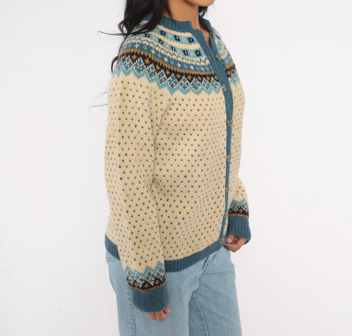 70s Norsk Husflid Fair Isle Wool Cardigan Blue Cream Nordic Knit Small