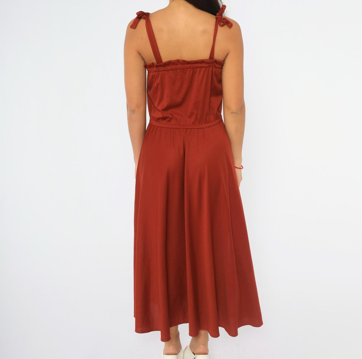 70s Rust Red Midi Dress Tie Shoulder Sleeveless A-Line Full Skirt Small