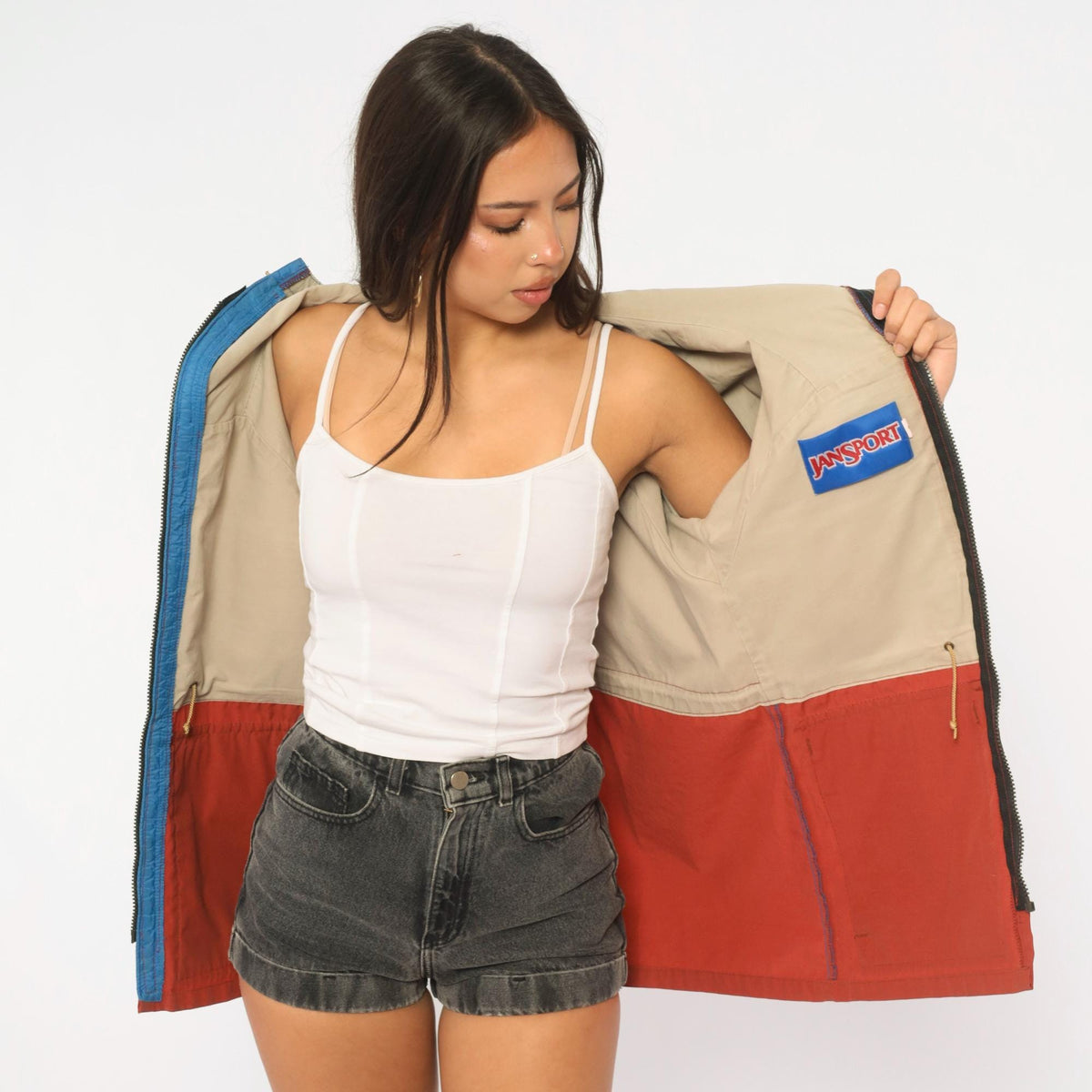 80s Jansport Hooded Windbreaker Cobalt Blue Rust Color Block Small