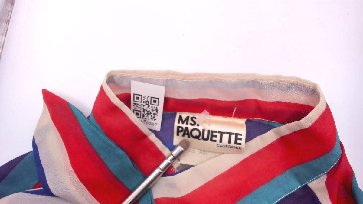 80s Ms. Paquette Striped Blouse Puff Sleeve Bow Tie Neck Button Front Medium