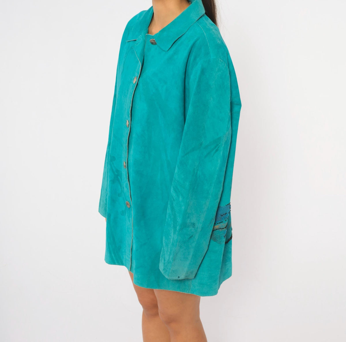 90s Chicos Turquoise Suede Jacket Beaded Butterfly Painted Back Large L
