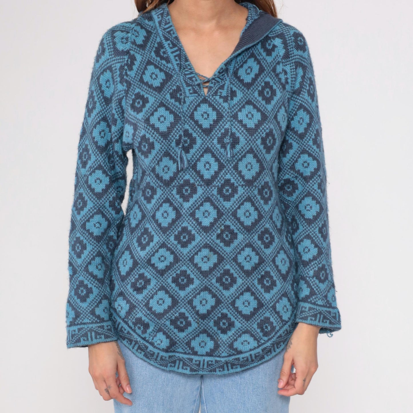 Y2K Slate Blue Geometric Southwest Hoodie Pullover Knit Medium M
