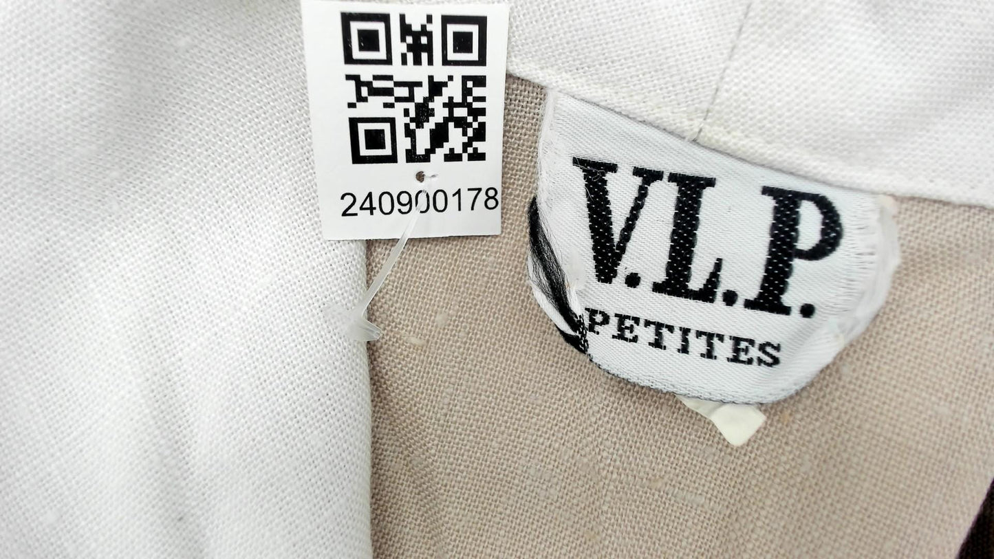 80s VLP Petites Tuxedo Mini Dress Beige White Shawl Collar Puff Sleeve Medium M