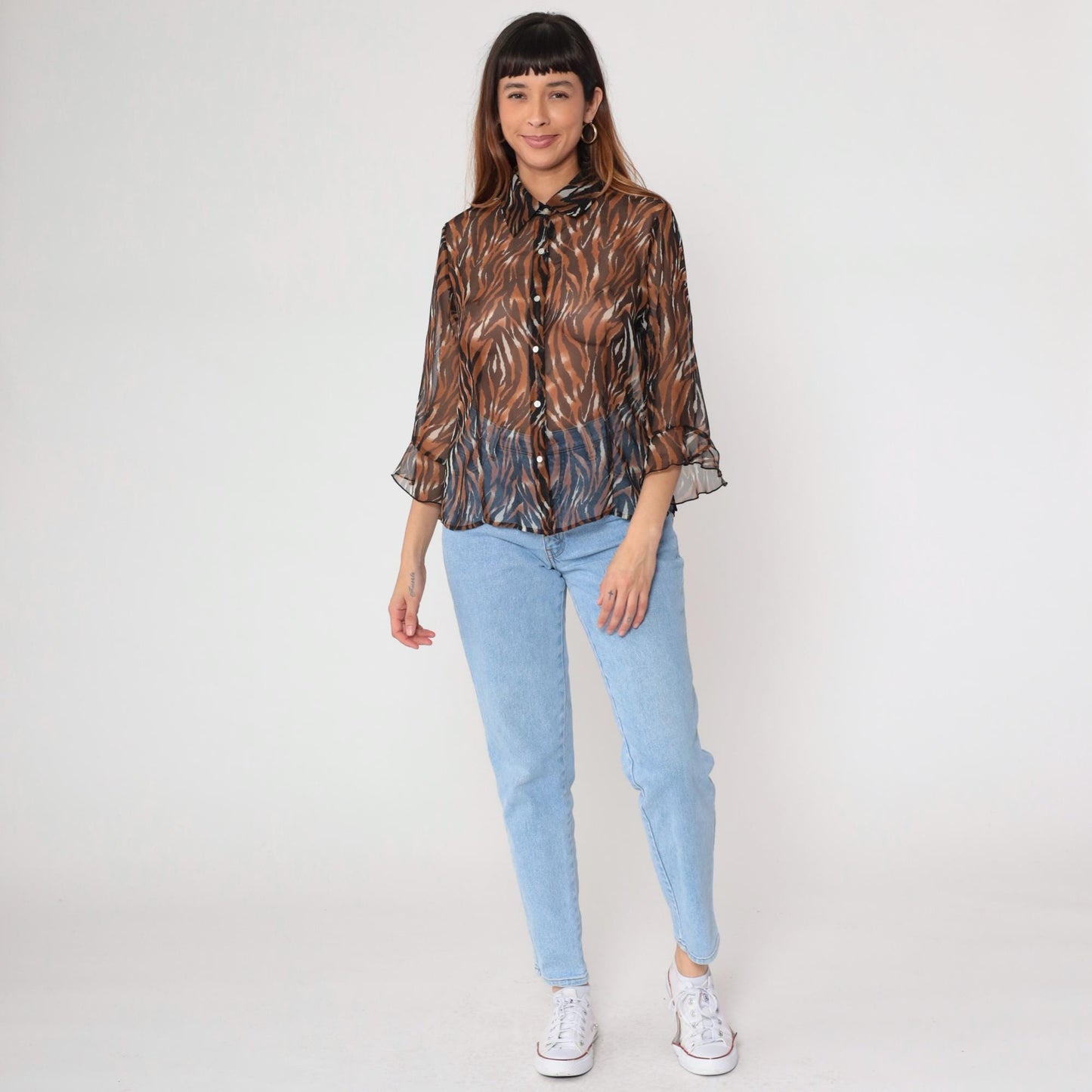 Y2K Tiger Stripe Button-Up Blouse Brown Animal Print Sheer Medium M