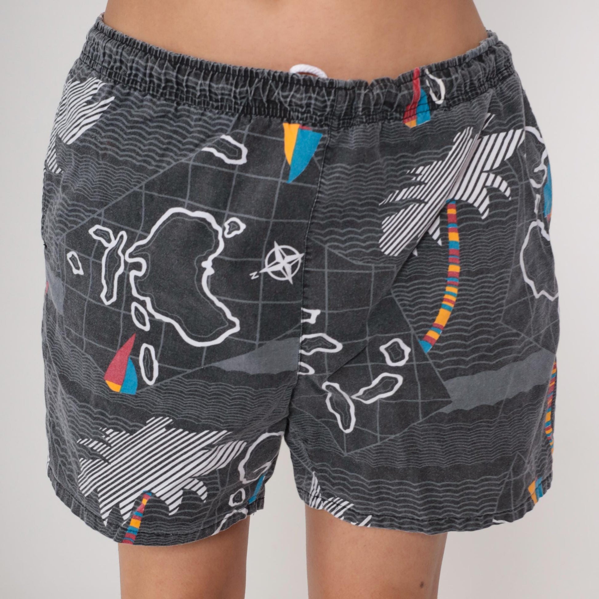 90s Blair Map Print Cotton Swim Trunks Grey Island Graphic Large L