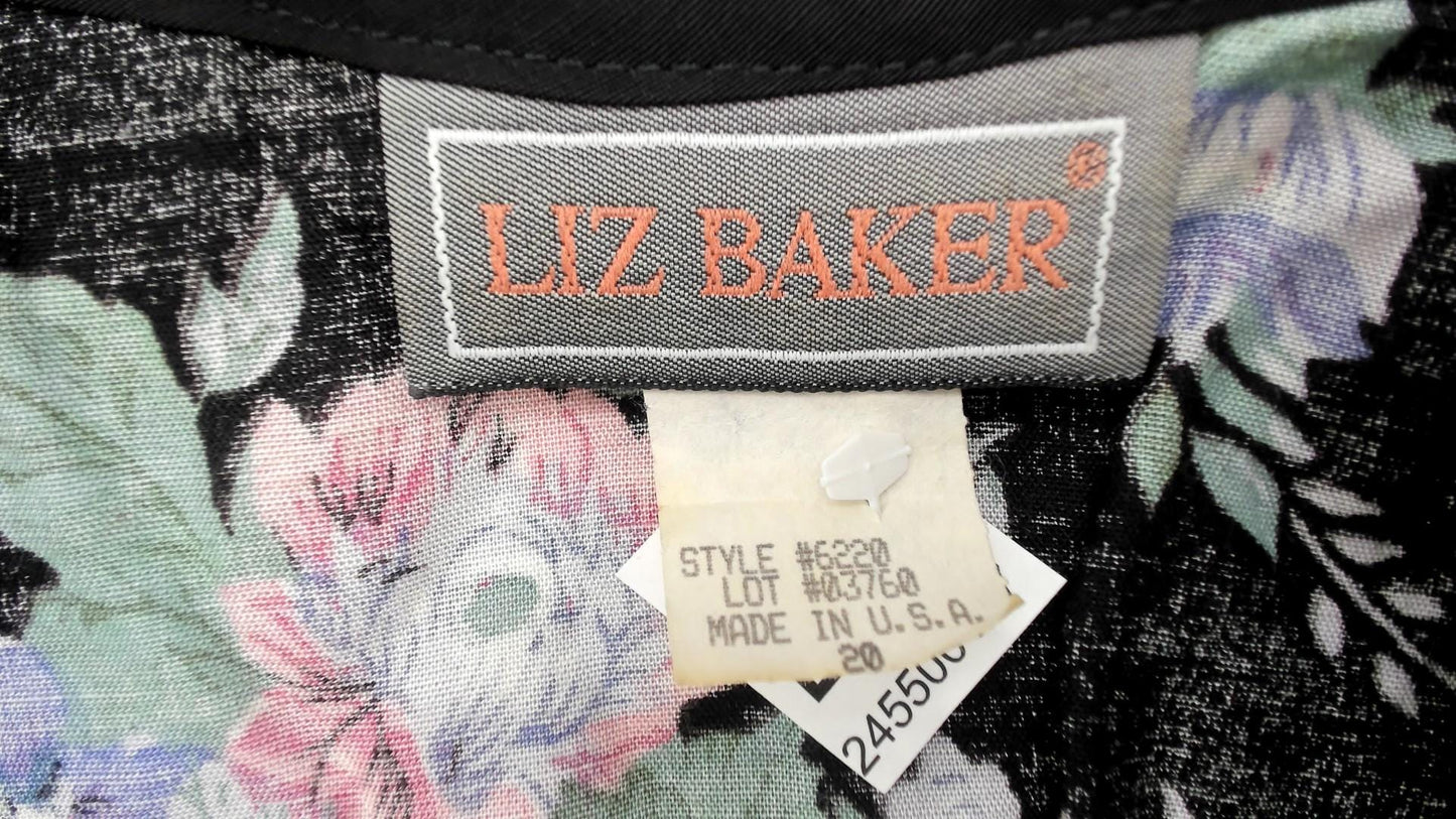 90s Liz Baker Floral Button Up Blouse Black Rayon Pink Purple Flowers Lace Collar Plus Size 20