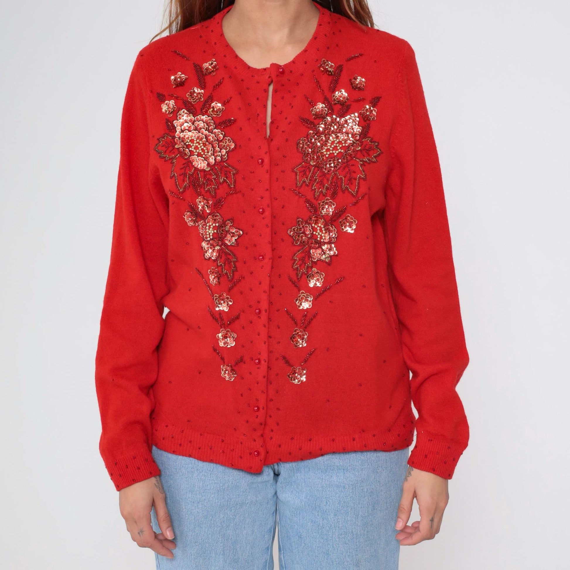 90s Red Beaded Floral Cardigan Wool Angora Blend Button Up Sequin Knitwear Large L