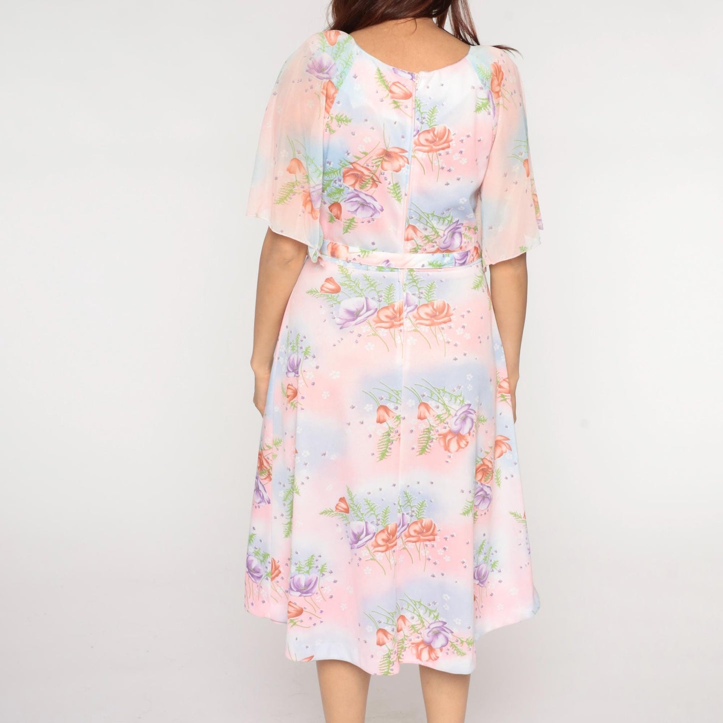70s Lane Bryant Floral Midi Dress Pink Blue Rose Print Peter Pan Collar Large
