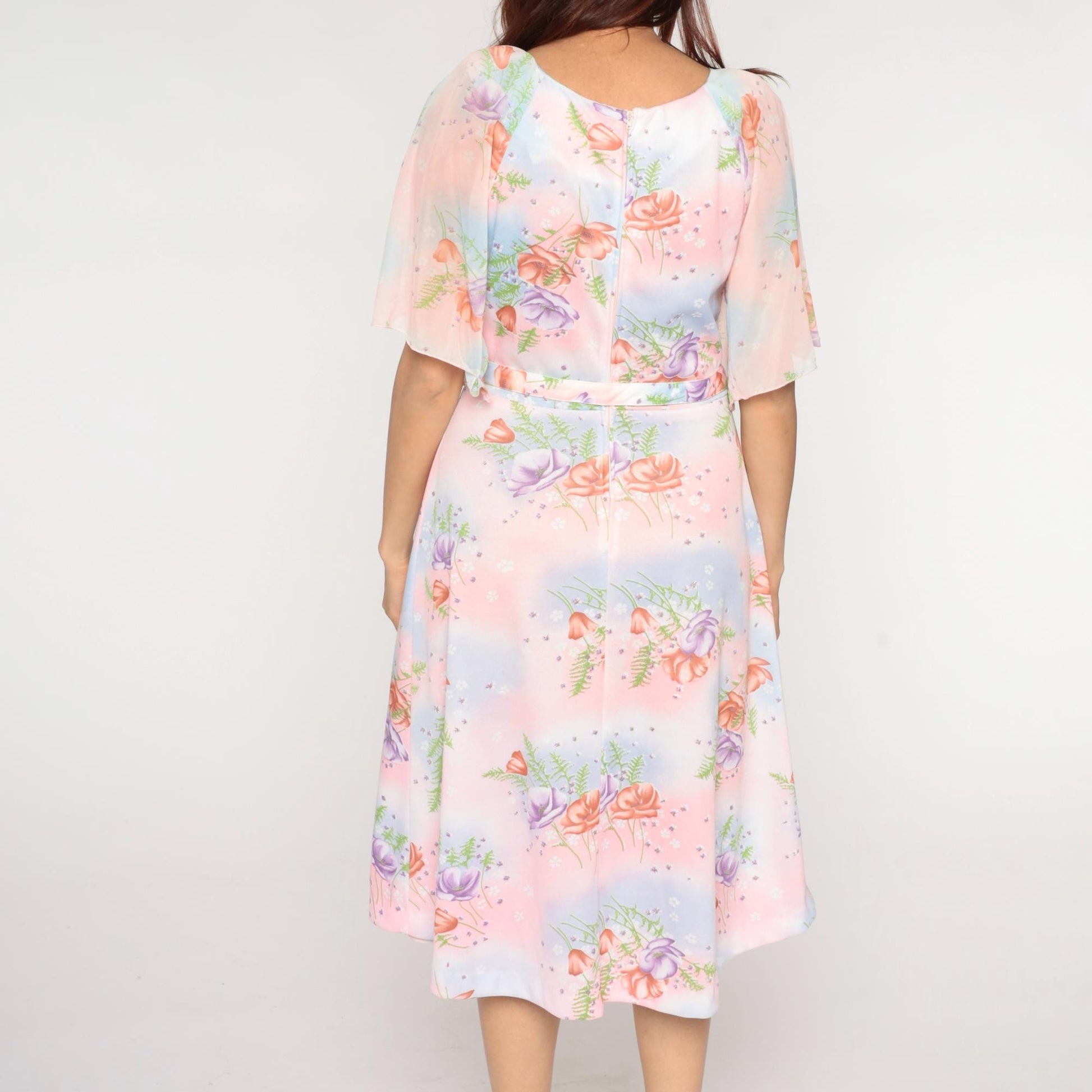 70s Lane Bryant Floral Midi Dress Pink Blue Rose Print Peter Pan Collar Large