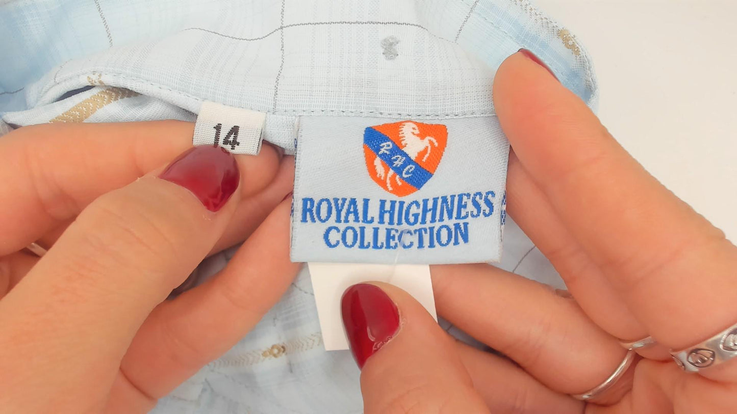 80s Royal Highness Powder Blue Mandarin Collar Blouse Windowpane Check Large