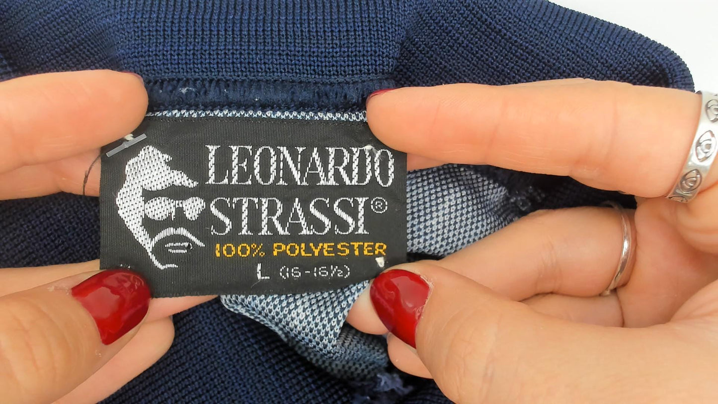 70s Leonardo Strassi Navy Grid Pattern Polo Shirt Short Sleeve Large L