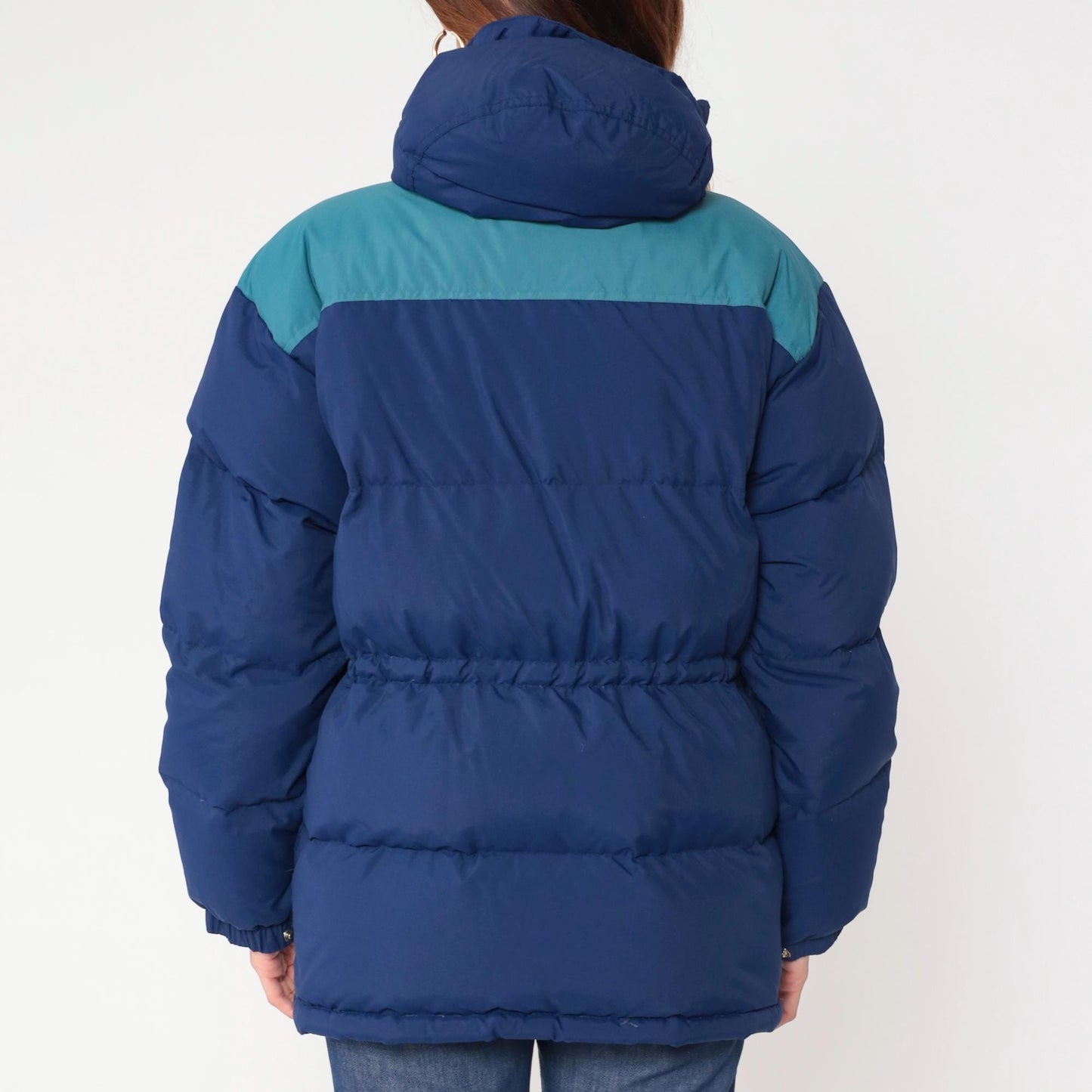 Y2K REI Goose Down Puffer Jacket Navy Teal Colorblock Hooded Extra Large XL
