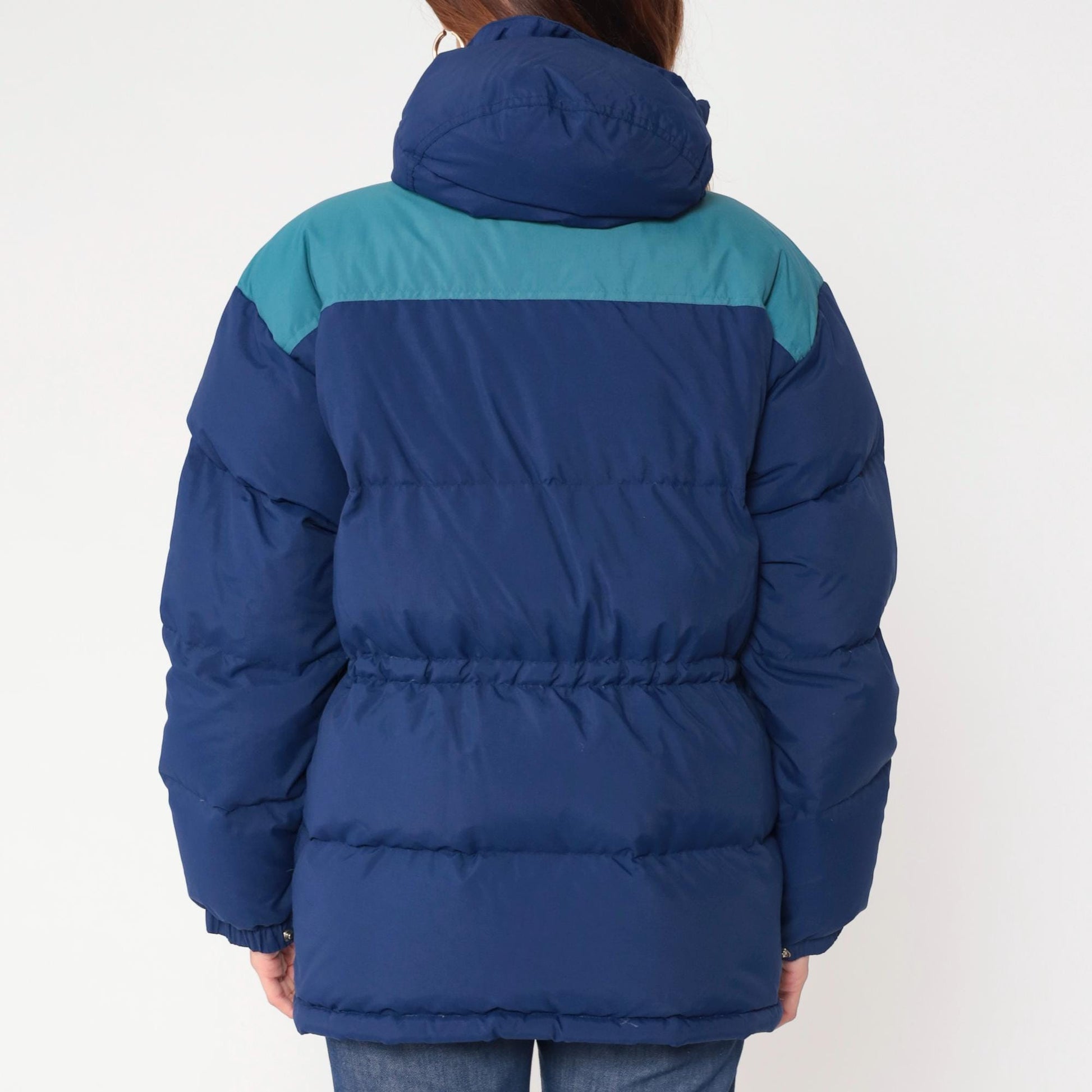 Y2K REI Goose Down Puffer Jacket Navy Teal Colorblock Hooded Extra Large XL