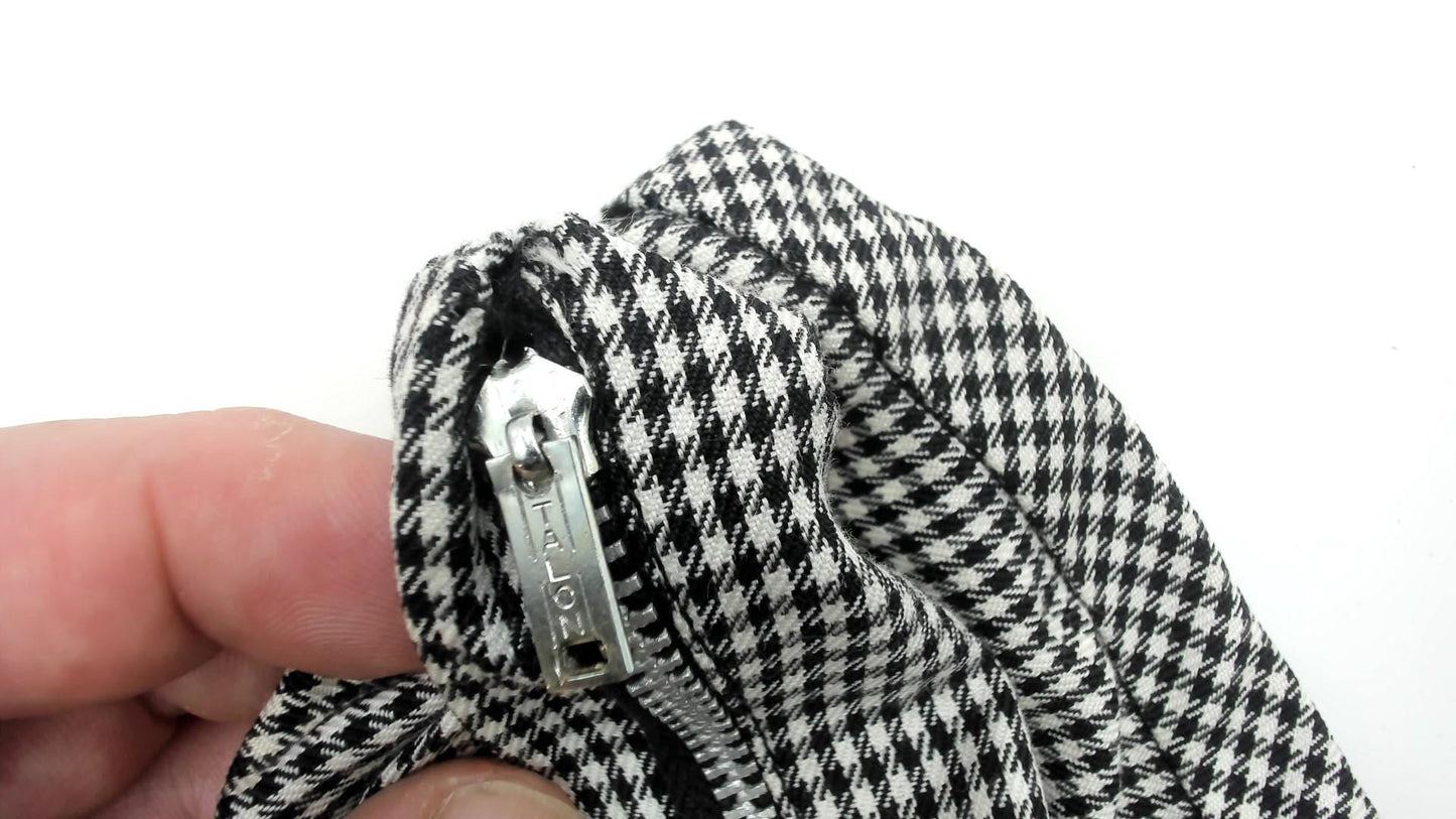 1950s Houndstooth Check Button Front Midi Dress Black White Scoop Neck Extra Small XS