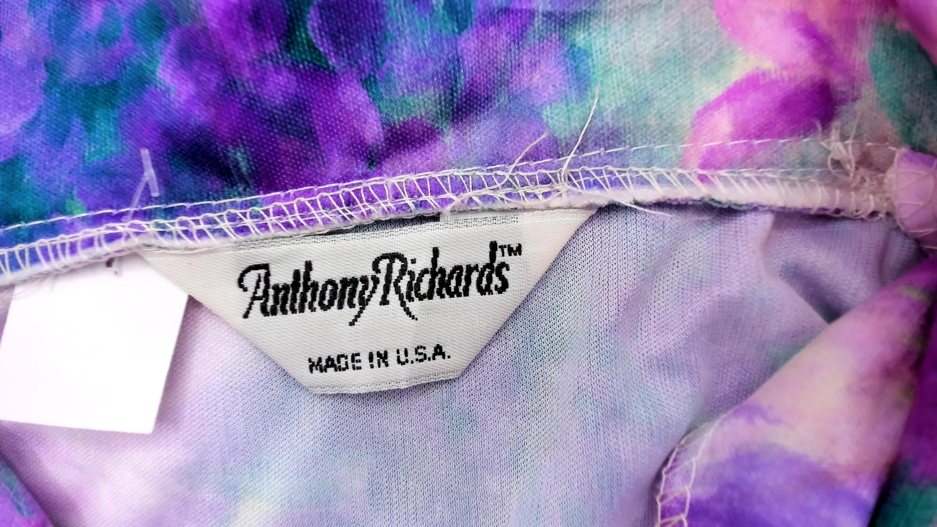 80s Anthony Richards Floral Blouse Purple Lavender Rose Print V-Neck Extra Large