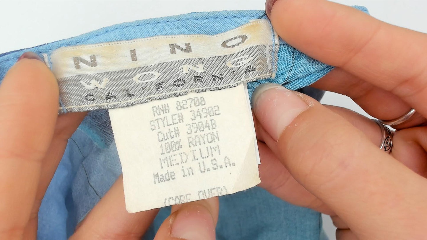 90s Nino Wong Geometric Watercolor Button Blouse Blue Rayon Medium M