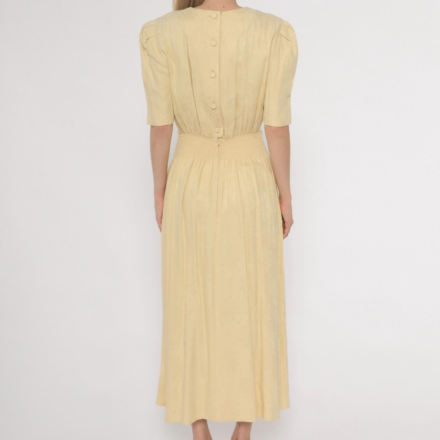 90s Karin Stevens Yellow Maxi Dress Embroidered Lace Smocked Waist Small