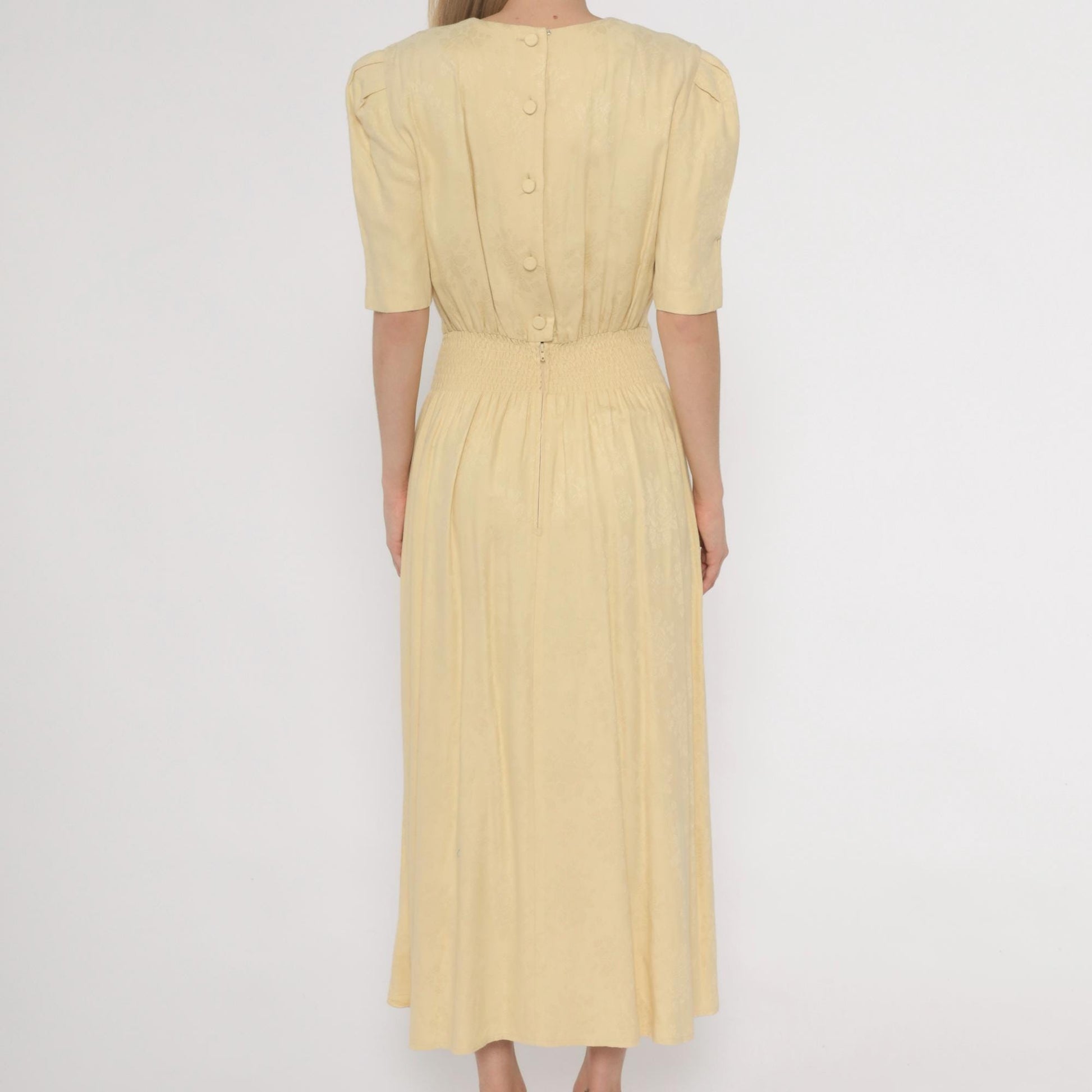 90s Karin Stevens Yellow Maxi Dress Embroidered Lace Smocked Waist Small