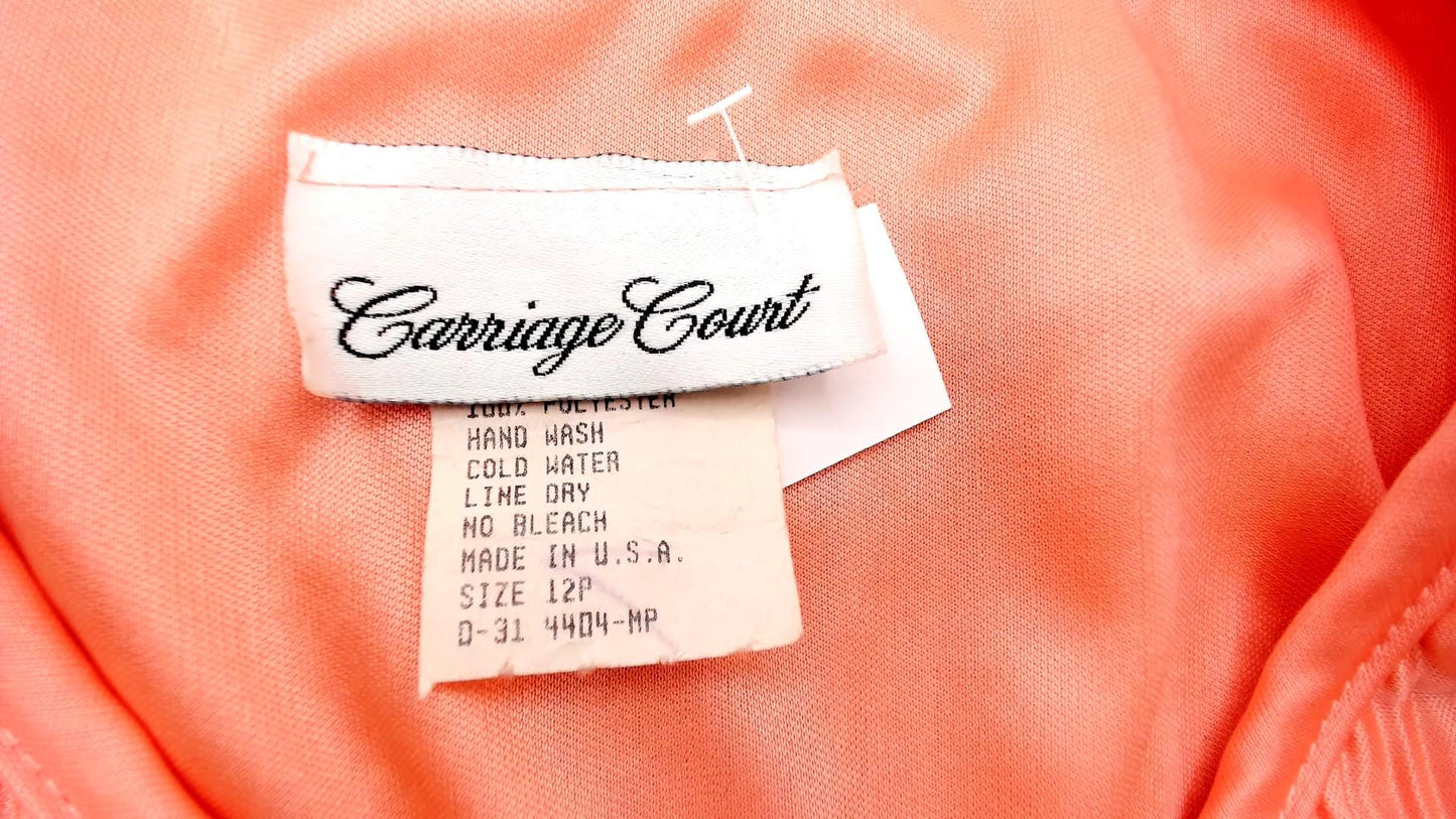 80s Carriage Court Peach Rhinestone Midi Dress Long Sleeve Pleated Large