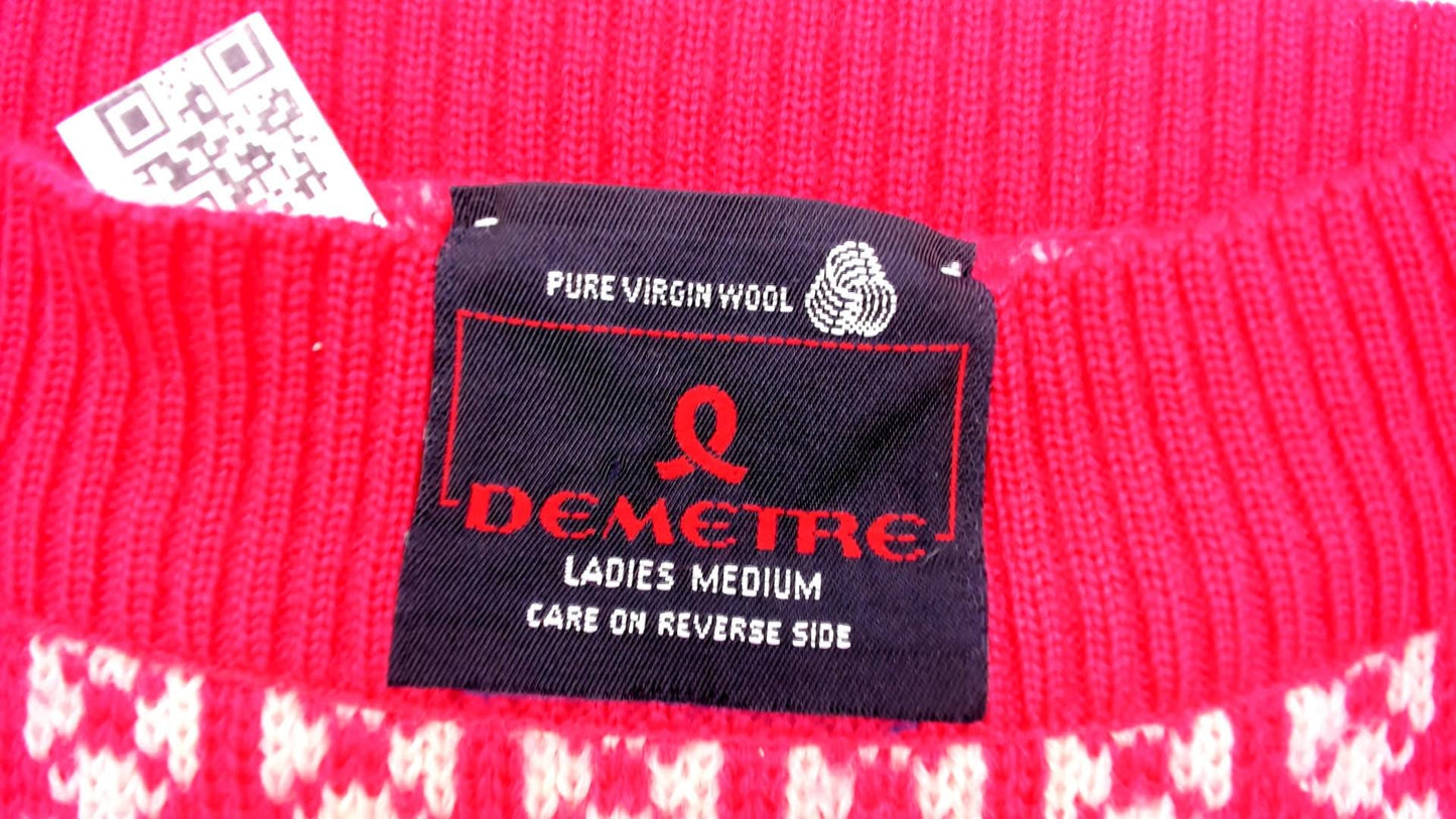 80s Demetre Wool Fair Isle Sweater Pink Geometric Boat Neck Medium M