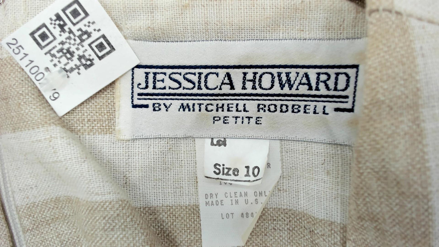 80s Jessica Howard Striped Dress Square Neckline Pleated Knee-Length Beige Medium
