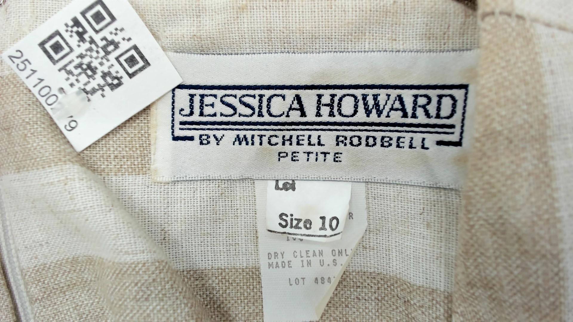 80s Jessica Howard Striped Dress Square Neckline Pleated Knee-Length Beige Medium