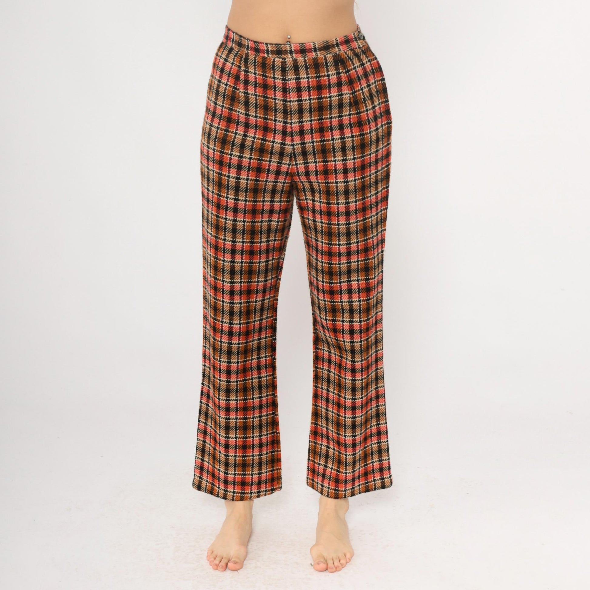 70s Plaid Wide Leg Trousers High Waisted Orange Brown Black Houndstooth Small