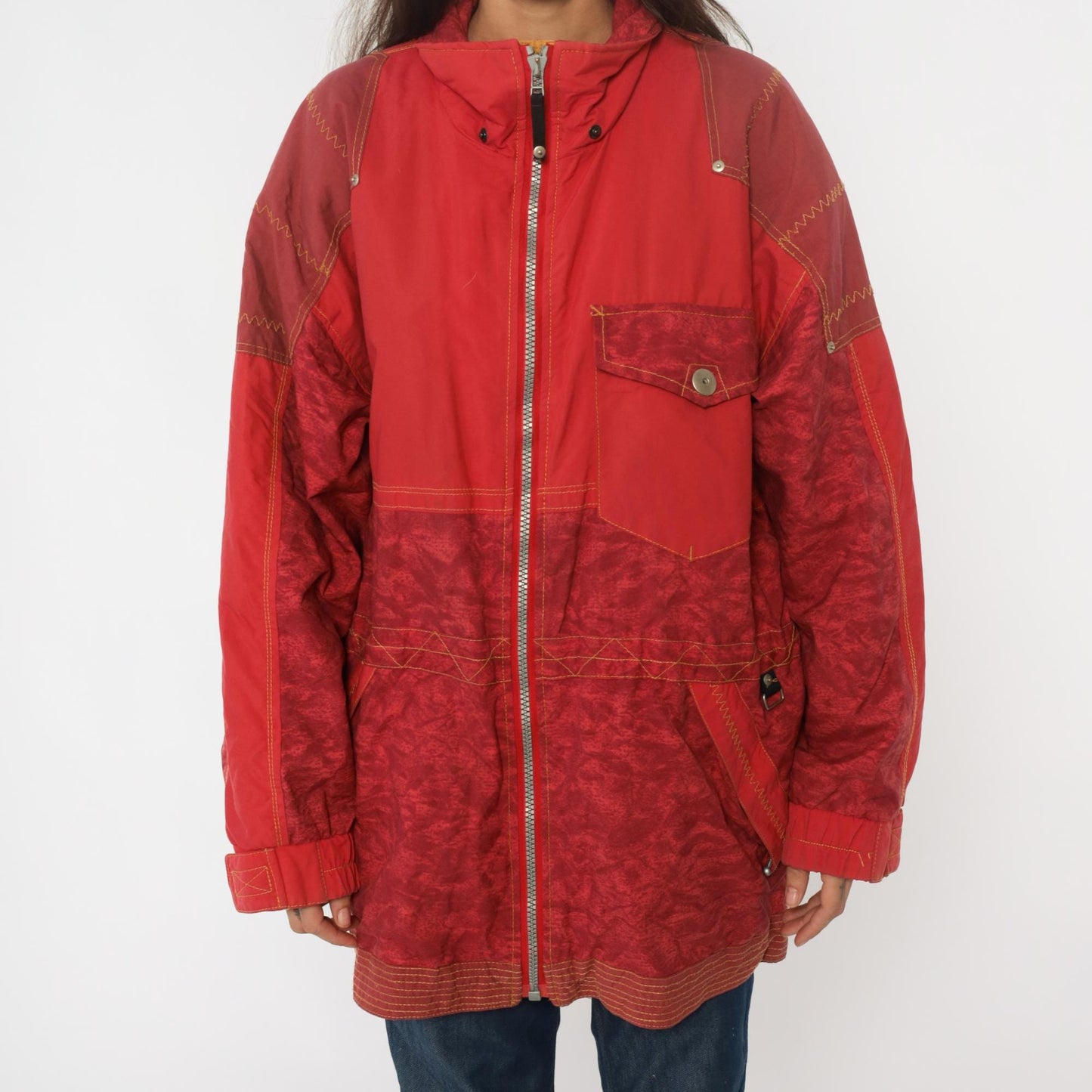 80s Obermeyer Red Nylon Windbreaker Ski Jacket Colour-Block Extra Large XL